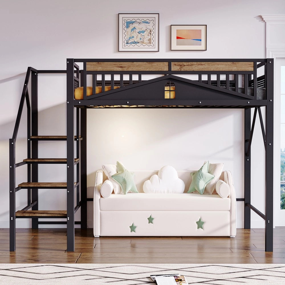 Letto a Soppalco in Metallo con Scala ¨C MINIMAL ¨C Nero 140x200