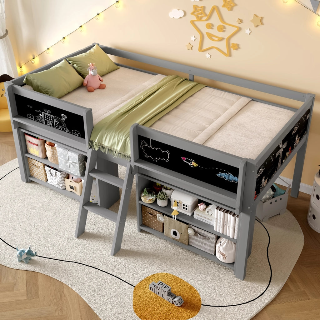 OKWISH Letto a soppalco 90×200 cm, Letto Singolo con Mensole Portaoggetti, Lavagna e Sponda di Sicurezza, senza Materasso, in Pino, Grigio
