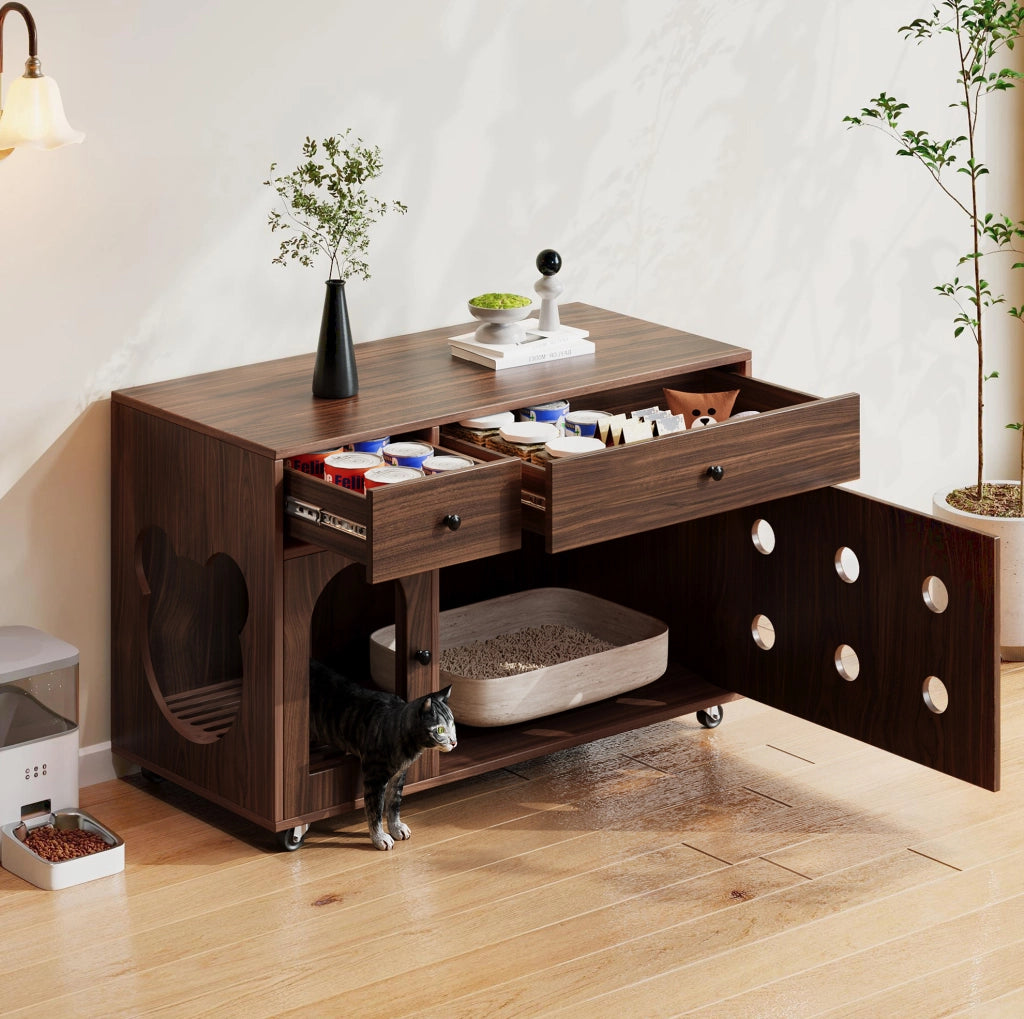 Mobile lettiera per gatti 100x45x66 cm con cassettini e vassoio raccogli-sabbia in MDF color noce