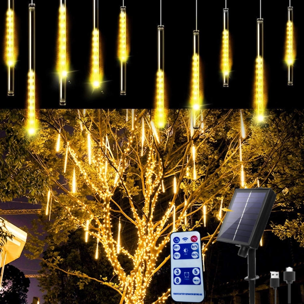 Luci di Natale Catena Luminosa natalizia a LED di 10 Meteoriti a Ricarica solare e USB con Telecomando luce calda
