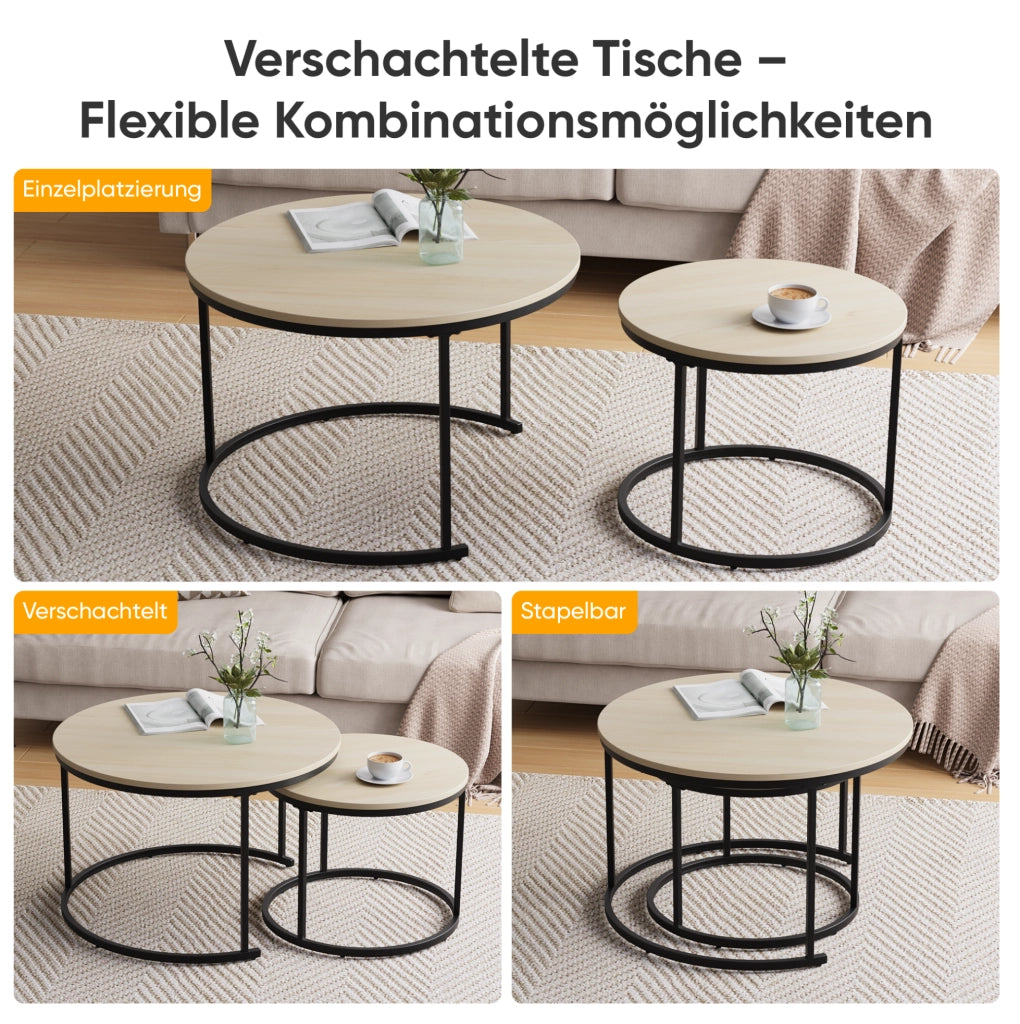 Set di 2 tavolini da salotto rotondi impilabili effetto rovere; struttura in metallo nero