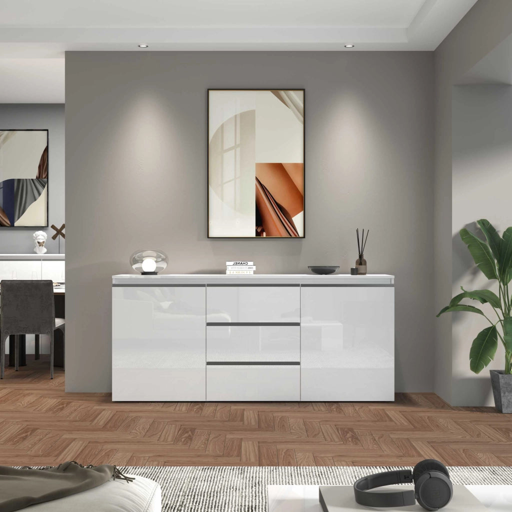 WHOUS Credenza a cassettiera Magic 2 ante e 3 cassetti bianco lucido 180x40x80 cm