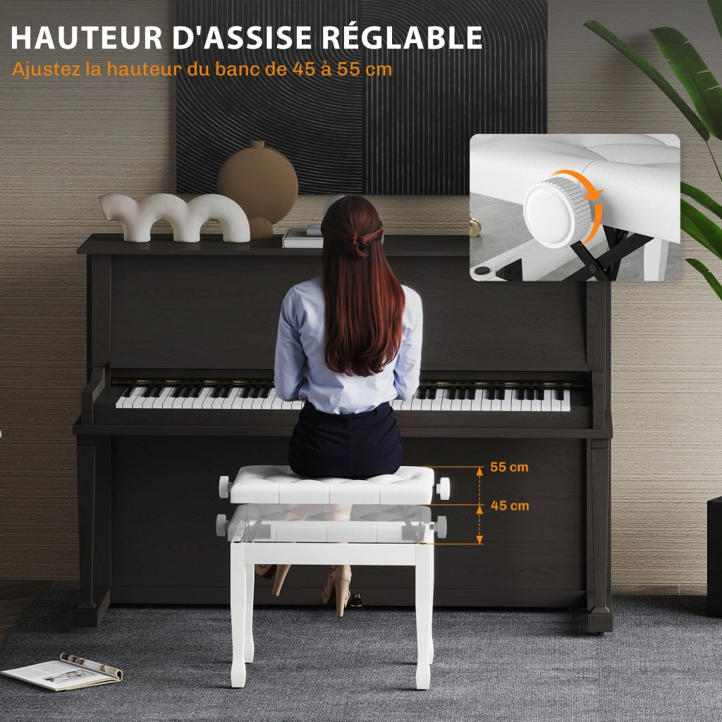 Sedia da pianoforte regolabile in altezza ¨C Zephmum ¨C Legno massello imbottita bianco 64x35x45-55cm