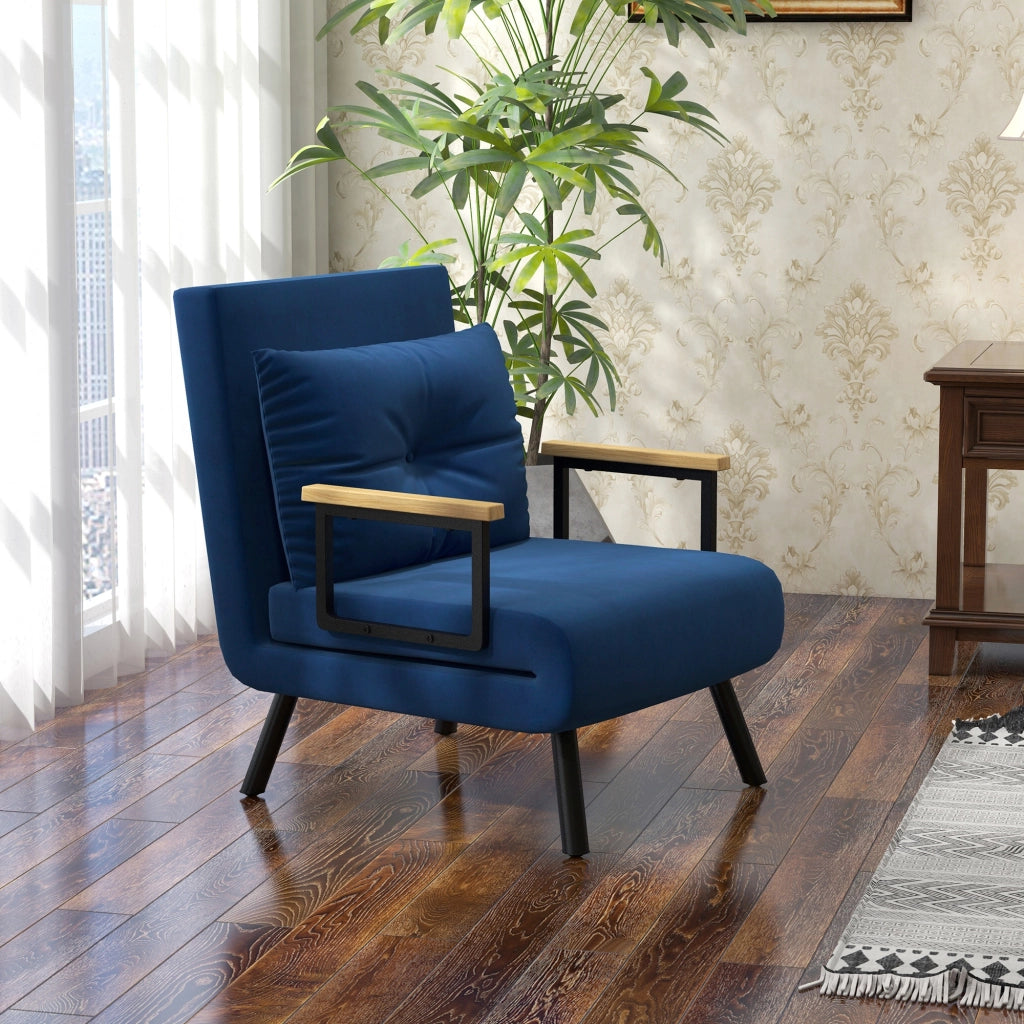 Poltrona Letto 3 in 1 con Schienale Reclinabile e Cuscino, in Tessuto Effetto Velluto, 63x73x81 cm, Blu