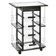Carrello da Cucina con Cassetto, 4 Cesti di Frutta Estraibili e Piano in Ceramica, Carrello Cucina Salvaspazio con 4 Ripiani Laterali in Legno di Pino e Metallo, 57x37x83 cm, Nero