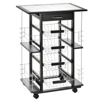 Carrello da Cucina con Cassetto, 4 Cesti di Frutta Estraibili e Piano in Ceramica, Carrello Cucina Salvaspazio con 4 Ripiani Laterali in Legno di Pino e Metallo, 57x37x83 cm, Nero