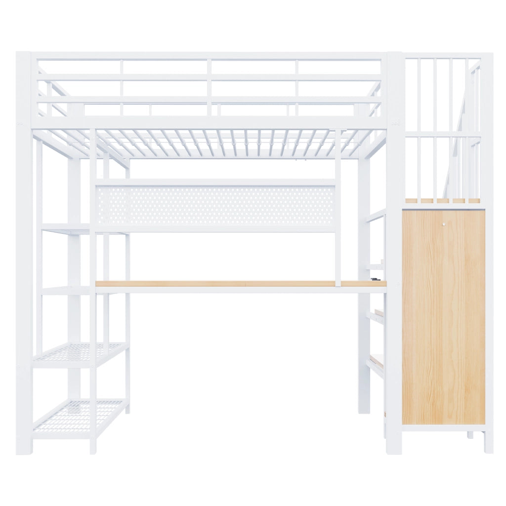 Letto a soppalco multifunzione 90 x 200 cm, con scrivania, mensole a pi¨´ livelli, LED e prese, bianco