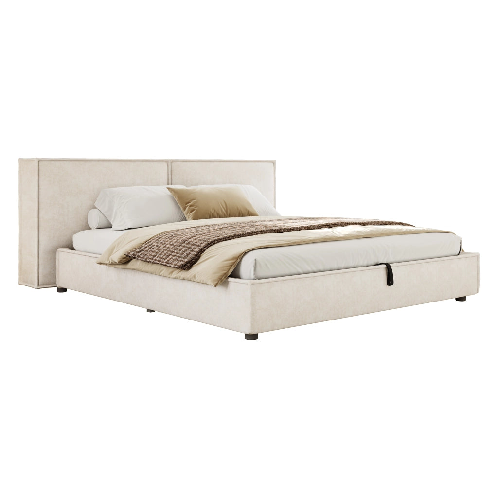 Letto matrimoniale 180x200 cm con contenitore idraulico, rete a doghe, testiera imbottita in Chenille beige