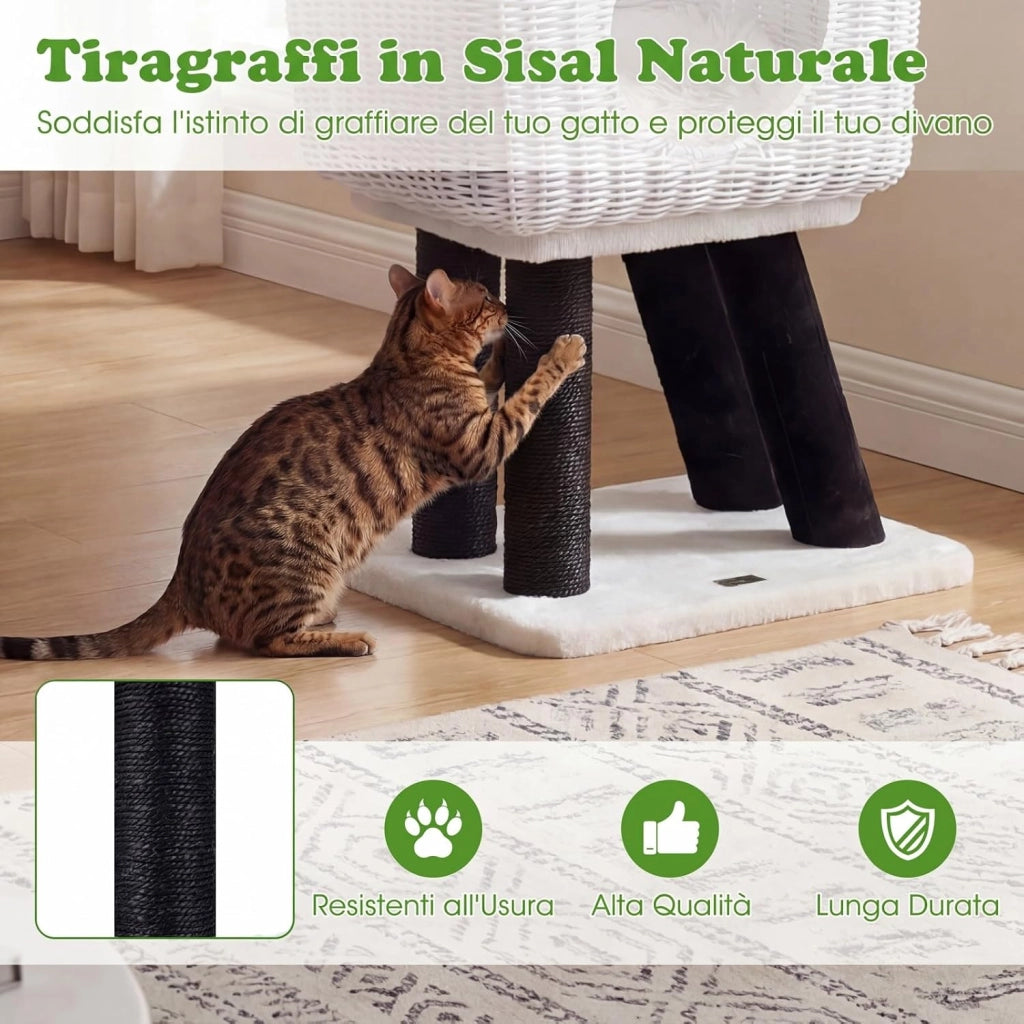 Albero Tiragraffi per Gatti, Tiragraffi per Gatti in Rattan con Grotta, 5 Pali Tiragraffi in Sisal, Cuscino Morbido e Pompon, Cuccia per Gatti da Interno a Forma di Pecora, 47 x 35,5 x 110 cm