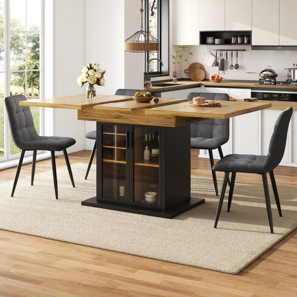 OKWISH Tavolo da Pranzo Allungabile per 4-6 Persone con Anta in Vetro Temperato e Portabottiglie per Cucina, Nero