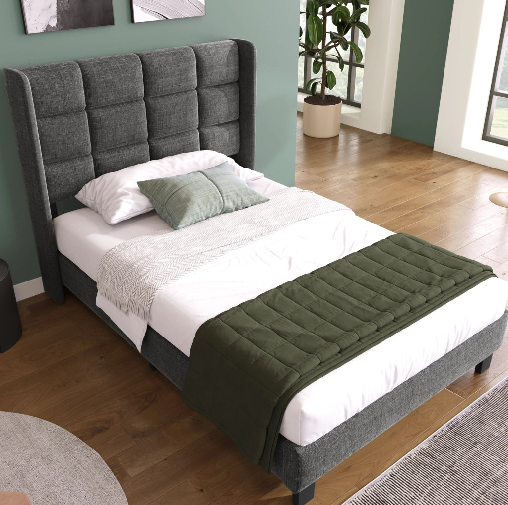 Letto singolo imbottito con testiera e rete a doghe 90x200 cm; lino grigio
