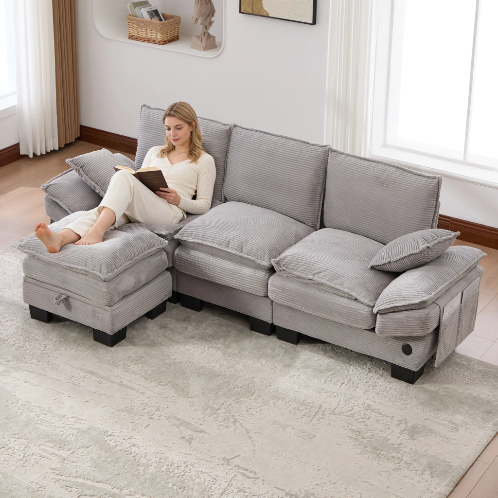 Divano 3 Posti con Poggiapiedi in Tessuto ¨C MINIMAL ¨C Grigio Chiaro