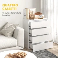 Cassettiera 4 Cassetti in Truciolato con Guide in Metallo e Maniglie Scanalate, 60x40x80 cm, Bianco