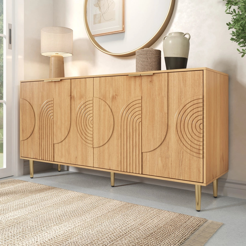 OKWISH Madia con 4 ante e ripiani regolabili, gambe in metallo, per soggiorno o sala da pranzo, MDF, naturale, 140 x 40 x 72 cm