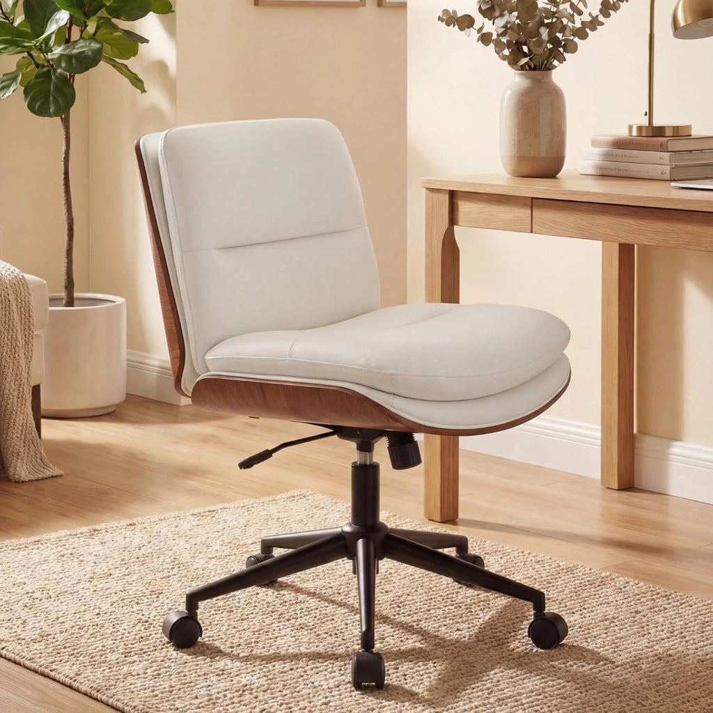 Sedia da Ufficio Girevole, Regolabile in Altezza, Sedia Ergonomica Scrivania con Schienale e Cuscini Imbottiti, Poltrona senza Braccioli con Ruote, per Lavoro, Studio e Relax (Bianco)