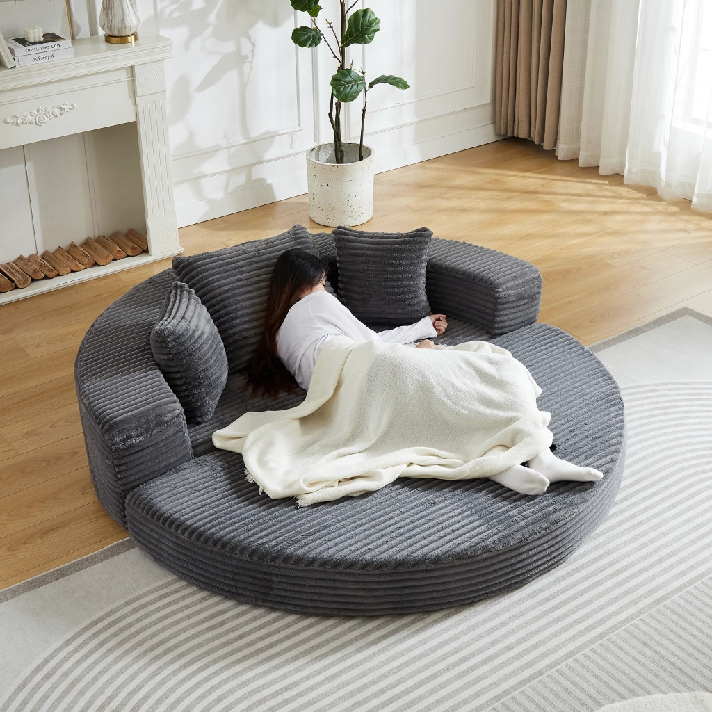 Divano Letto Rotondo 2 in 1 ¨C MINIMAL ¨C Tessuto, Braccioli con Tasche