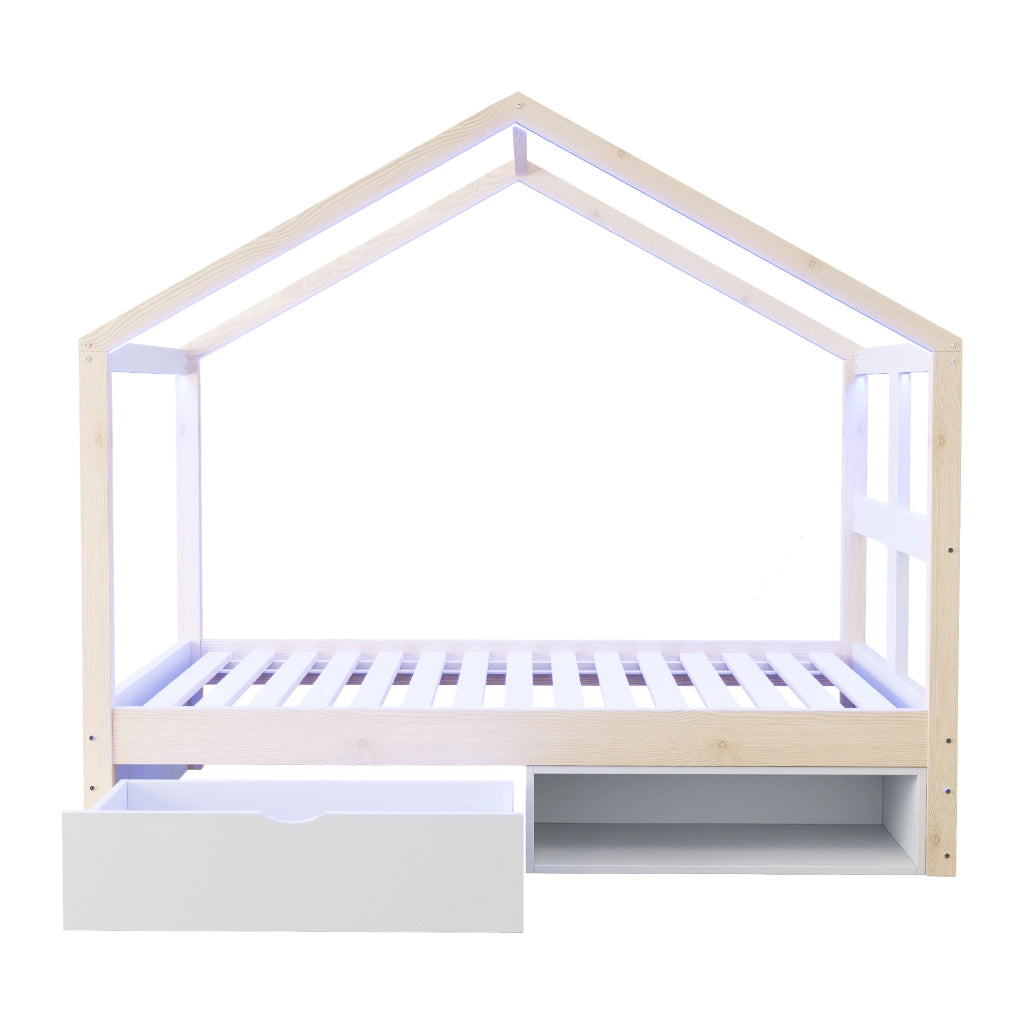 Letto a casetta 90x190 cm con cassetto; scarpiera e luci LED