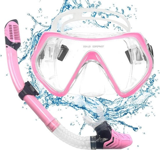 Maschera da snorkeling per adulti e bambini - Idrorepellente, anti-condensazione, anti-leak - Vetro rinforzato - Con 2 canali Premium Dry snorkel