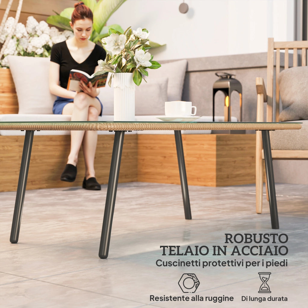 Tavolino da Giardino in Rattan PE ¨C zephmum ¨C Piano in Vetro, Acciaio, 110x60x40 cm