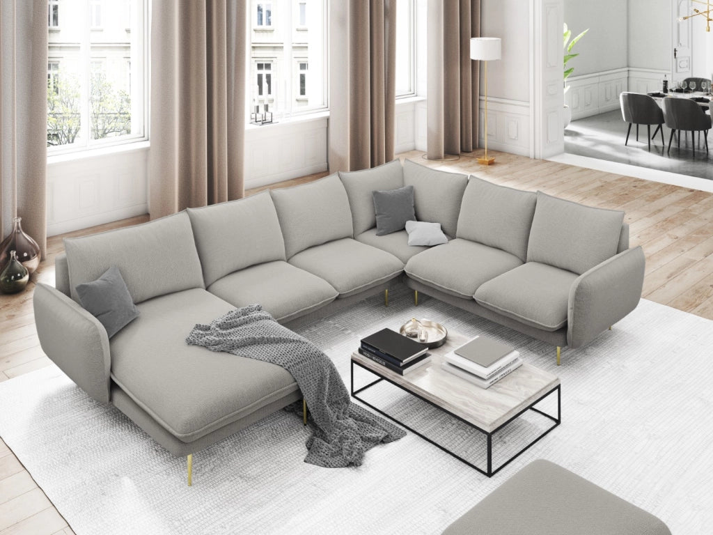 Cosmopolitan Design - Divano panoramico destro "Vienna" 7 posti in tessuto strutturato grigio chiaro 