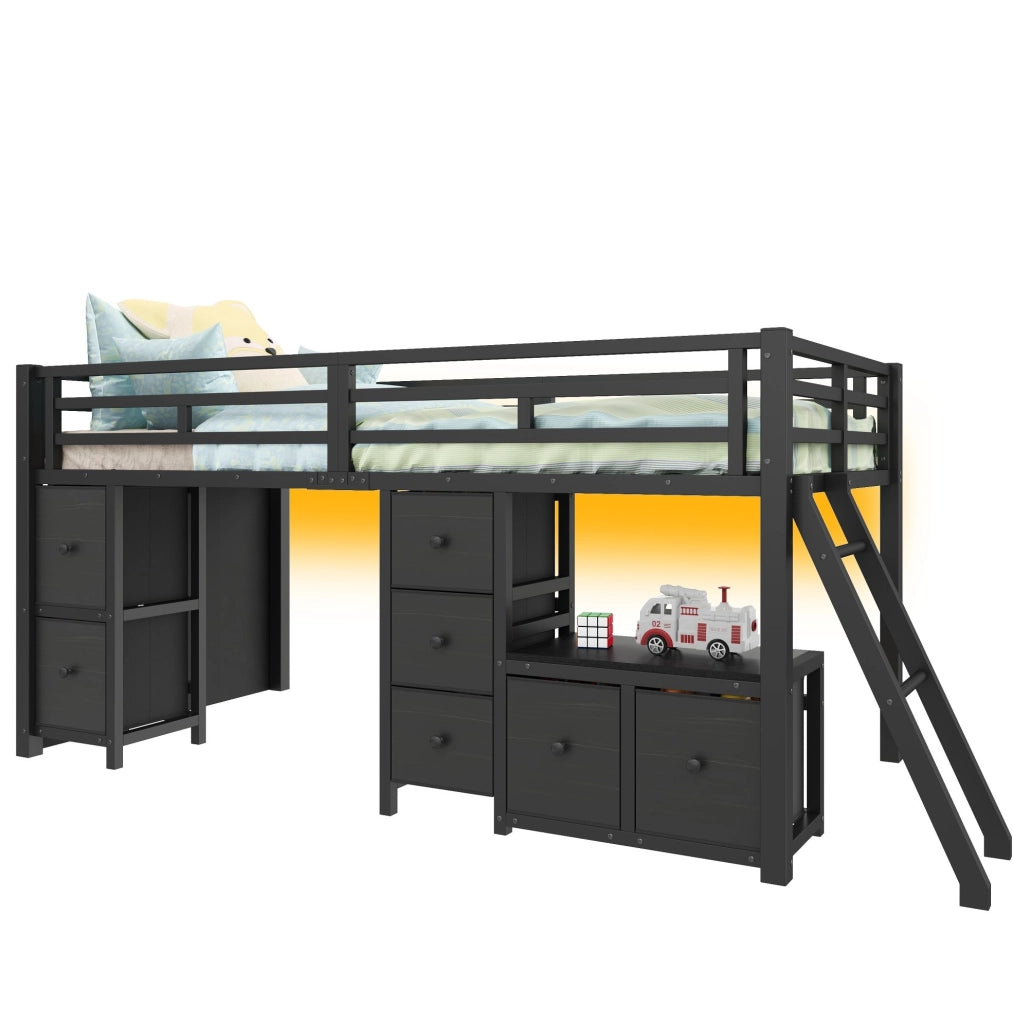 LETTO A SOPPALCO BASSO 90x200 cm Nero con 7 Cassetti e LED