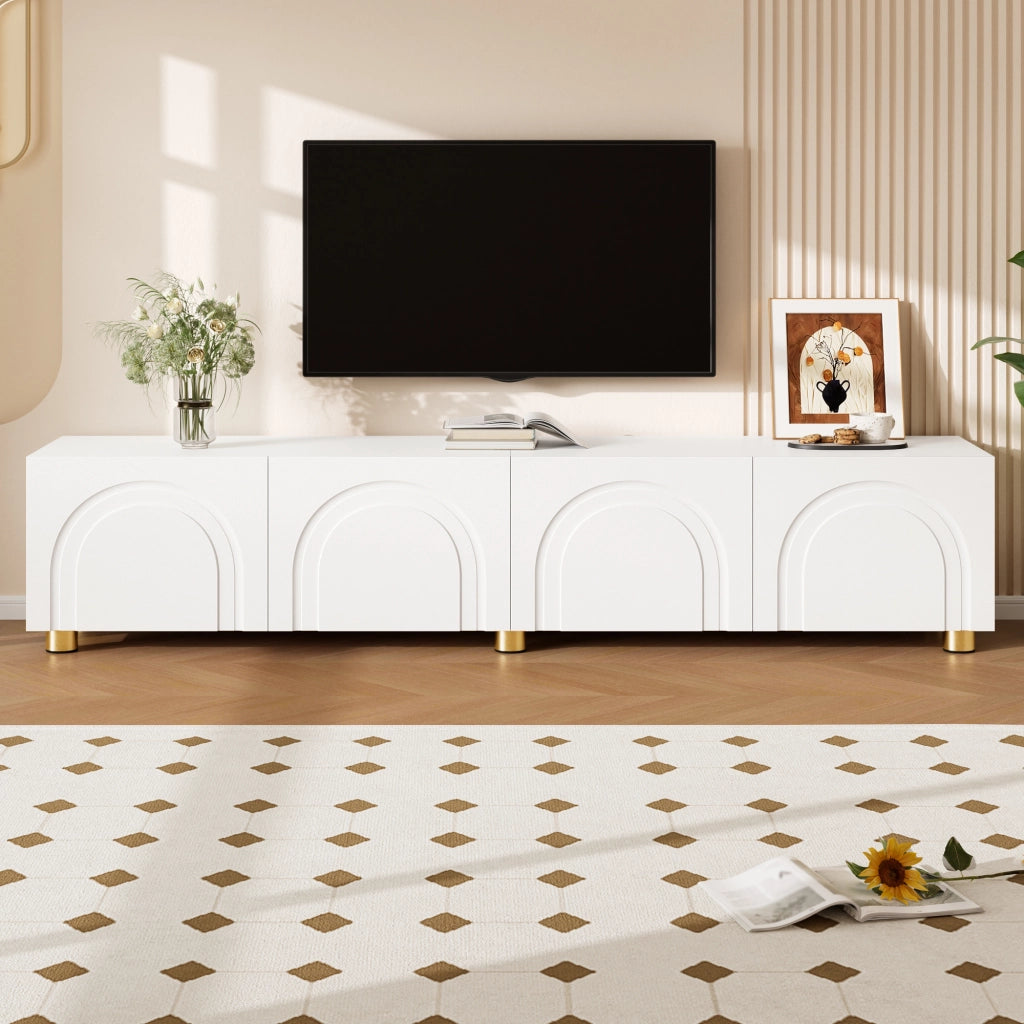 Mobile porta TV con 4 ante e rilievo ad arco, per soggiorno, in MDF e pannello truciolare, bianco, 180 × 35 × 40 cm