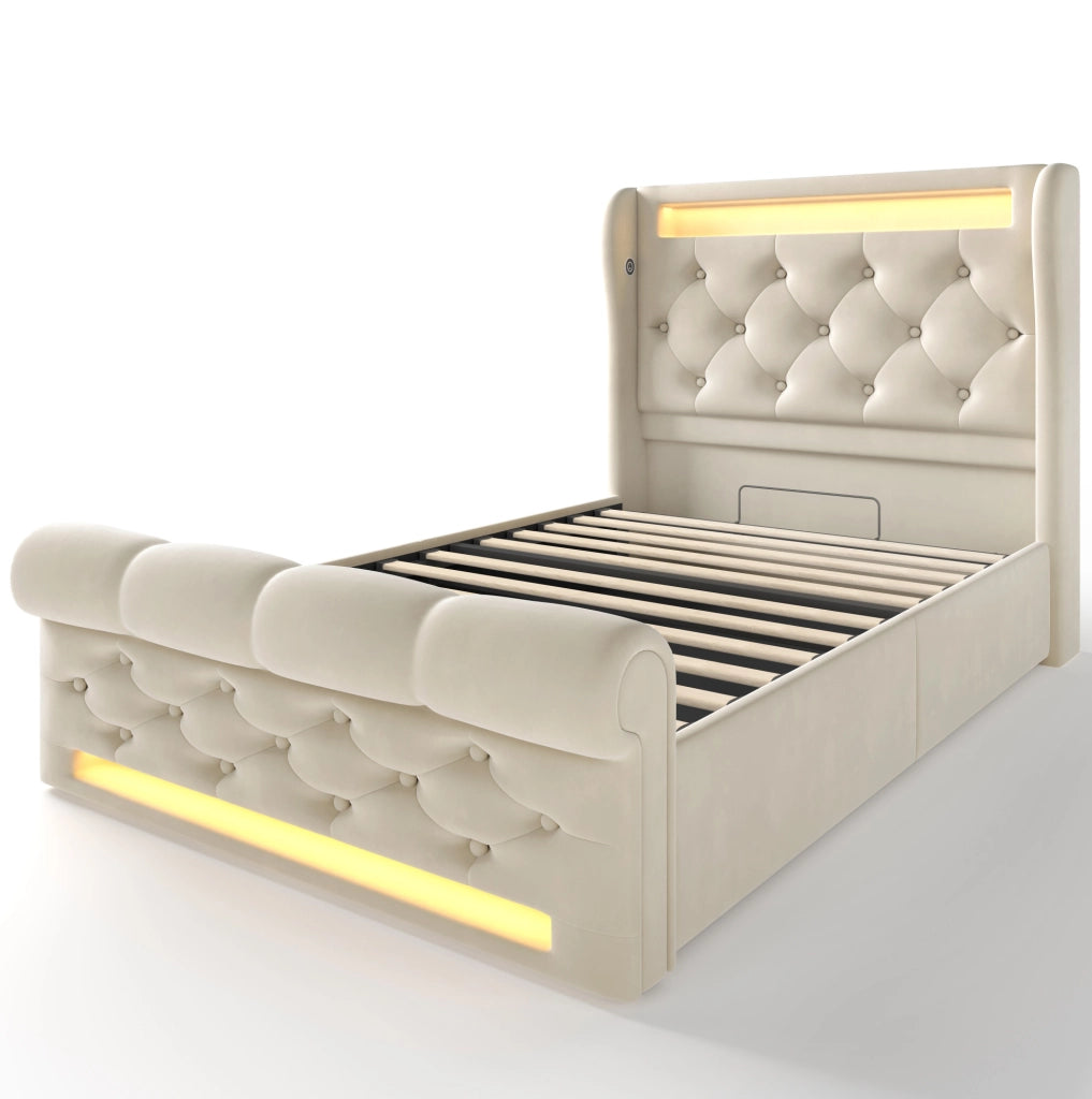Letto singolo imbottito 90x200 cm in velluto beige con LED; ricarica USB e Type C; contenitore idraulico