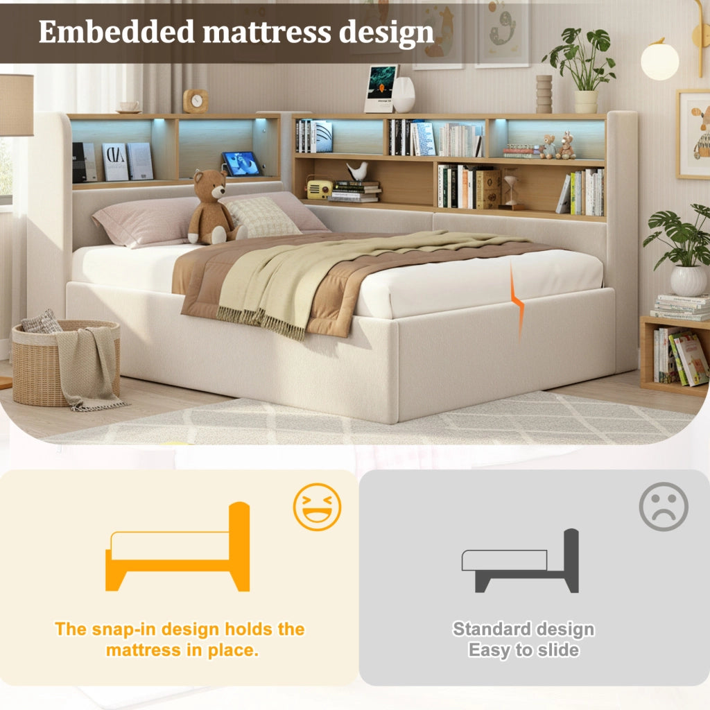 Tagesbett 90x200 cm con contenitore idraulico; LED; USB e USB-C; velluto beige