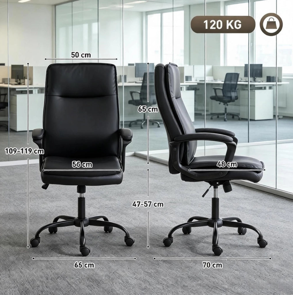 Sedia da ufficio ergonomica nera in PU con supporto regolabile e schienale curvo