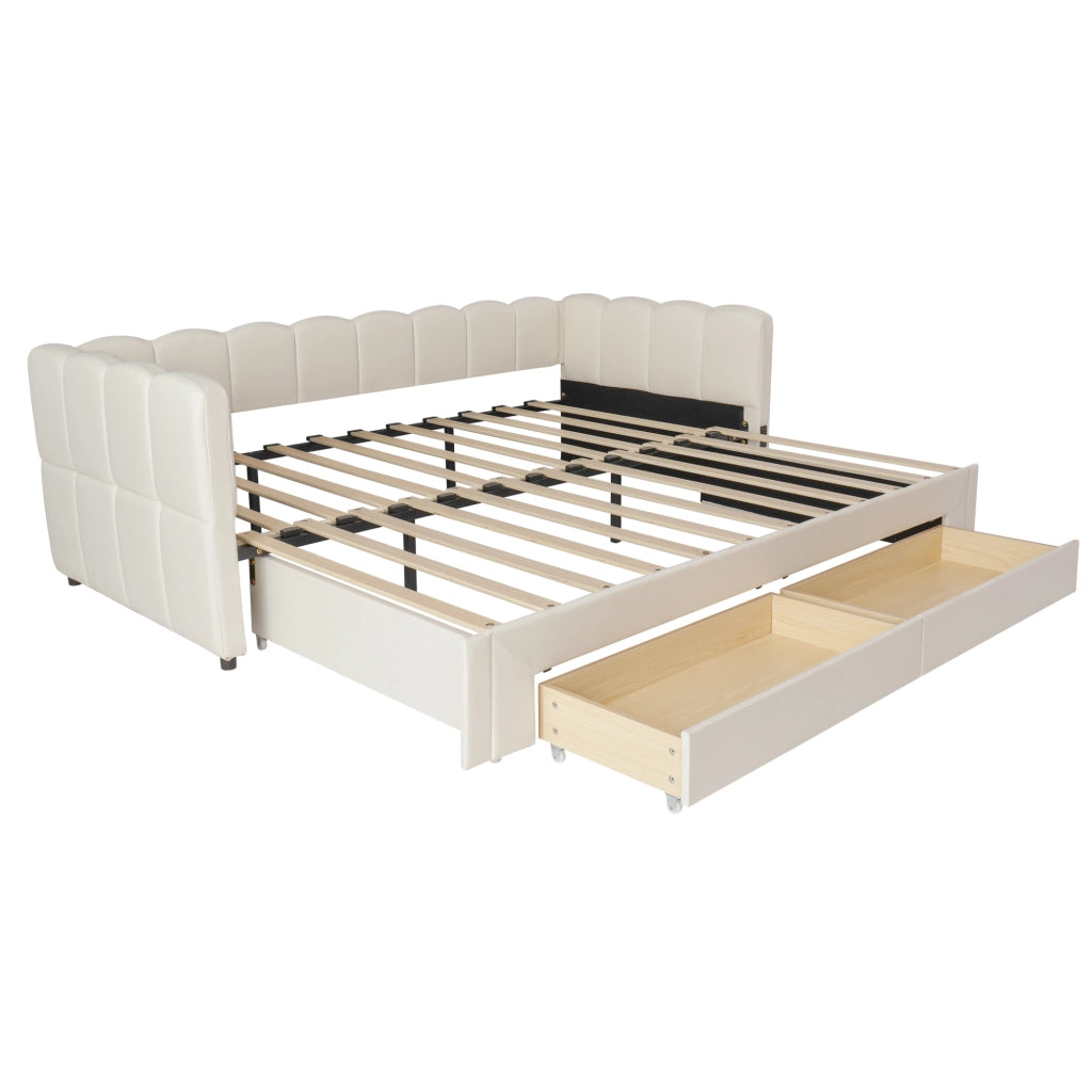 Letto Estraibile 90x200 cm e 180x200 cm con Cassetti; USB e Type-C in Lino Beige