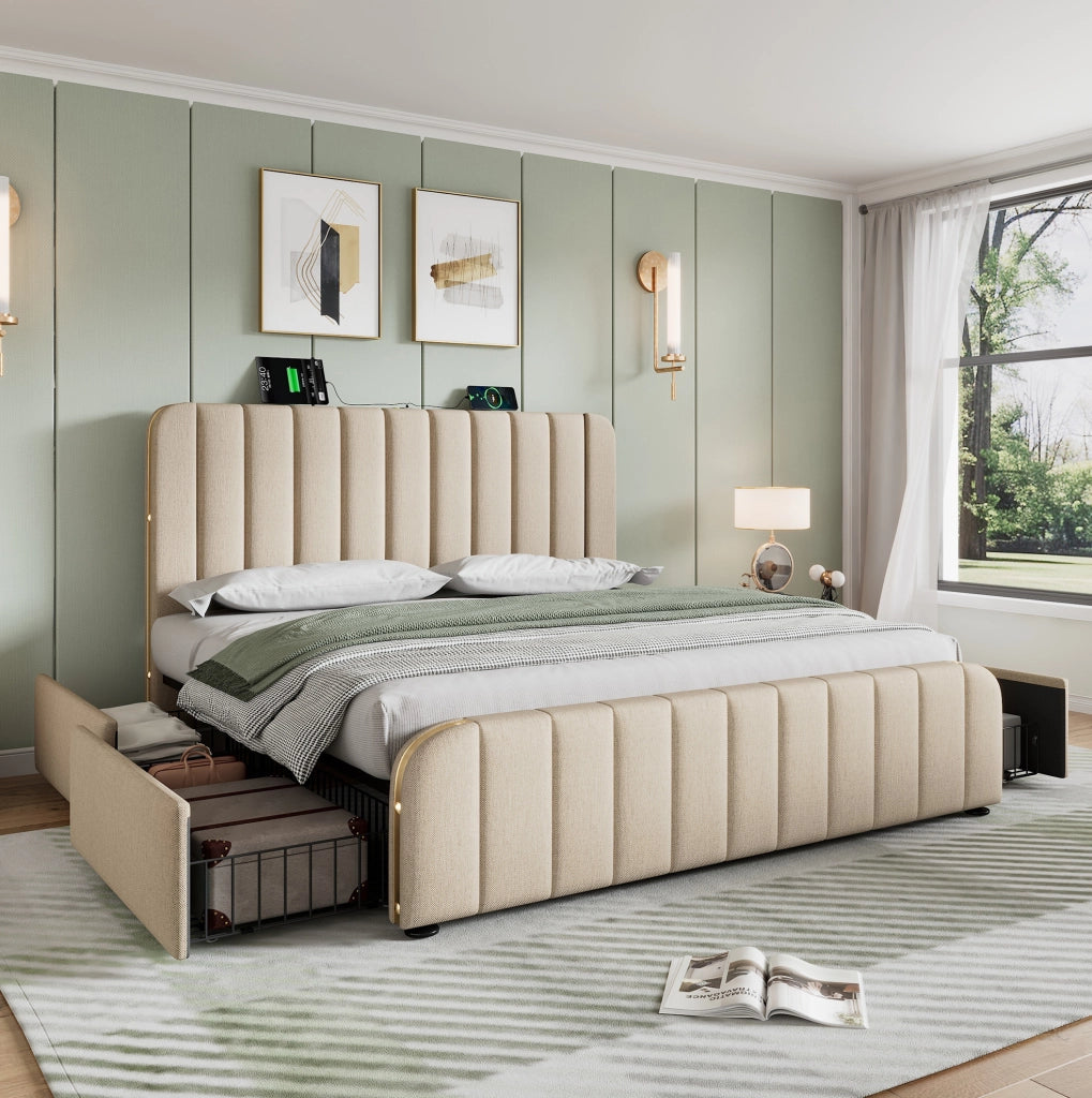 Letto matrimoniale 140x190 cm beige con 4 cassetti e USB-C