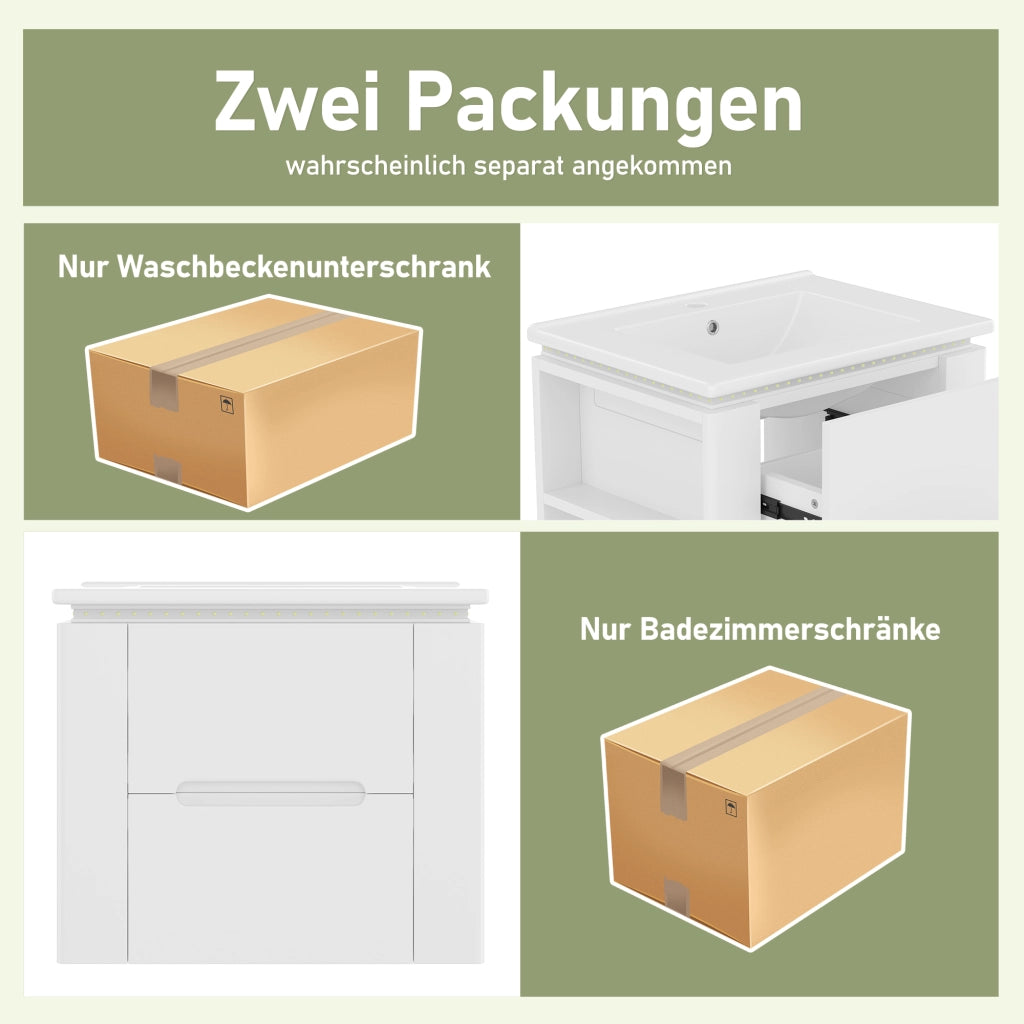 Mobile sottolavabo con 2 cassetti e illuminazione LED a sensore radar; sospeso; lavandino in ceramica integrato; bagno; bianco; 61 Ã— 46 Ã— 48.5 cm