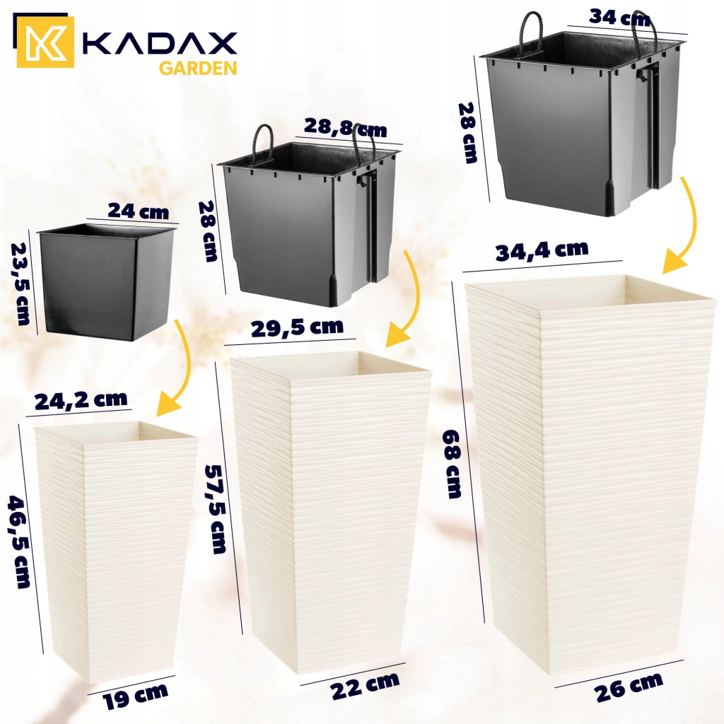 Set di 3 vasi da fiori KADAX, vasi da giardino + inserti, alti e grandi, color crema, 47+57+68 cm