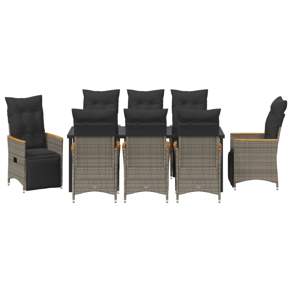Set da Pranzo per Giardino da 9 Pezzi con Cuscini Grigio Polyrattan