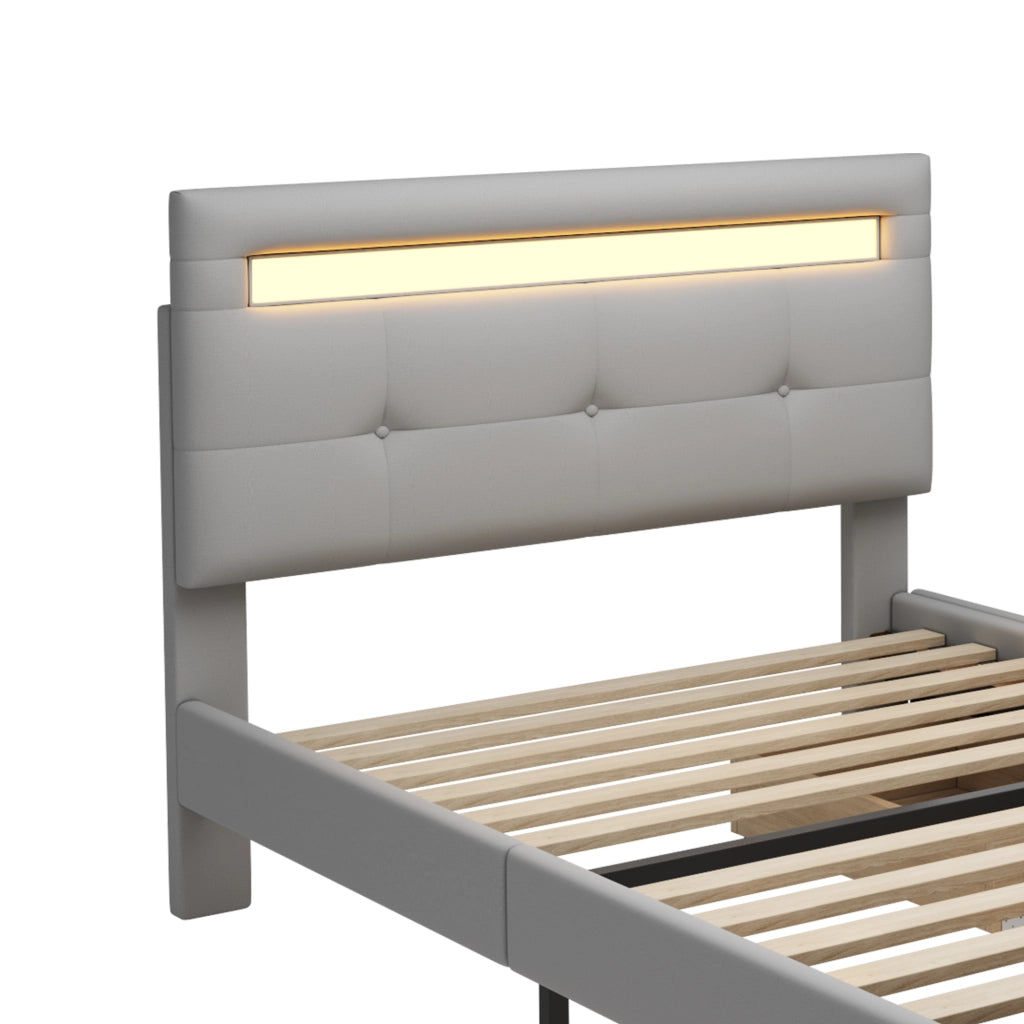 Letto singolo 90×200 cm con 2 cassetti e LED; rete inclusa; senza materasso; imbottito; grigio