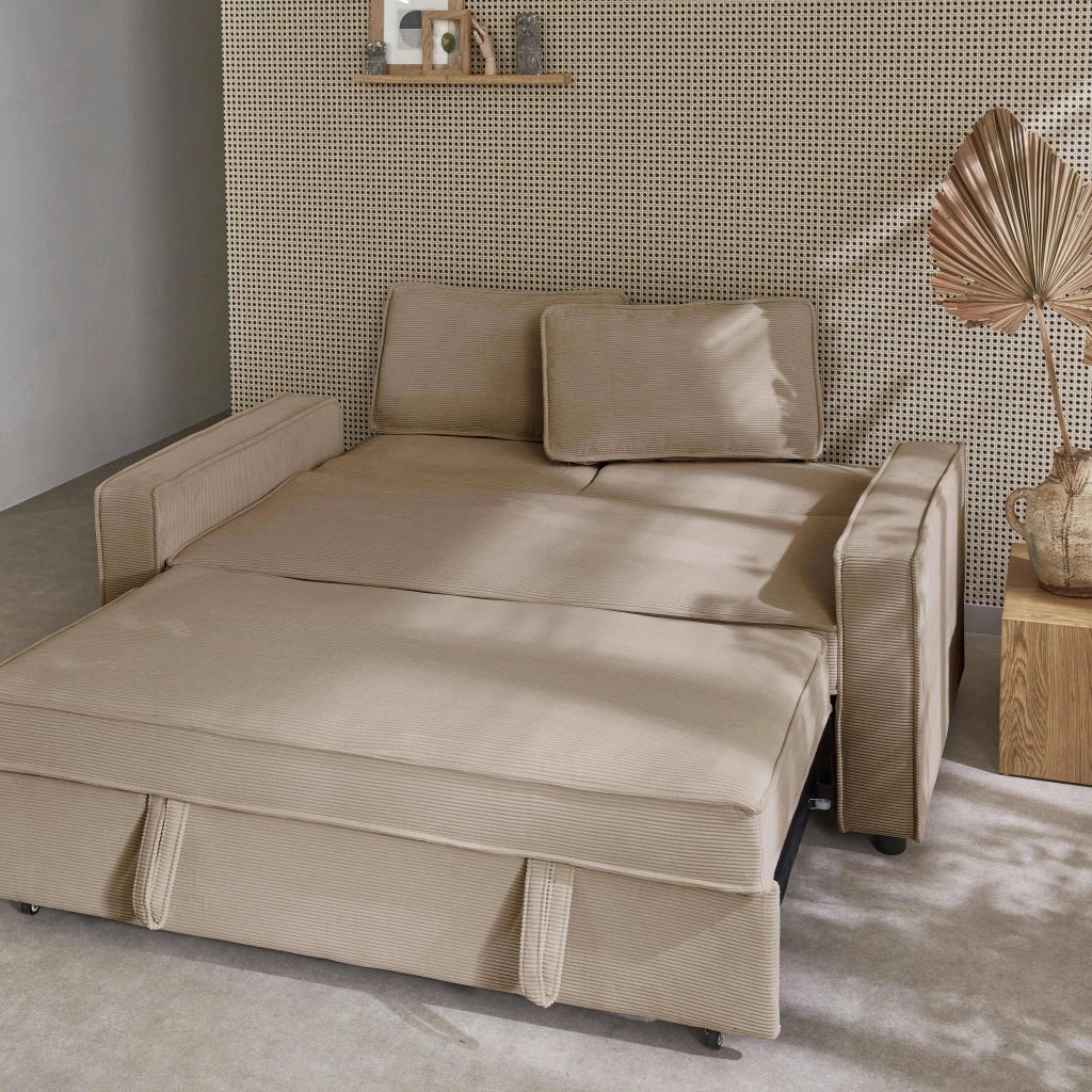 Divano letto in velluto a coste, 3 posti, beige