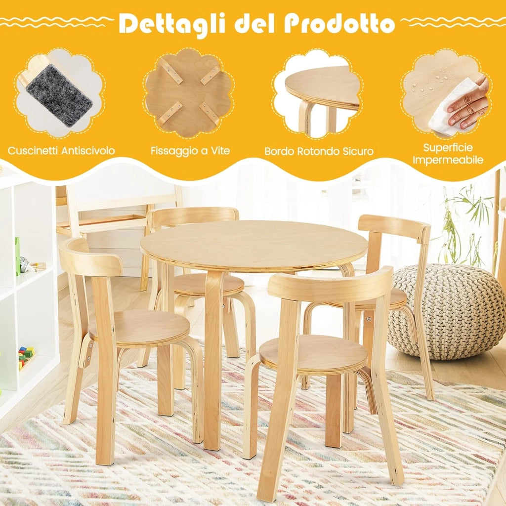 Set Tavolo e Sedie per Bambini, con Schienale Curvo in Legno, Tavolo Attività per Bambini con 4 Sedie, Capacità di Peso 25kg, 4+ Anni (naturale)
