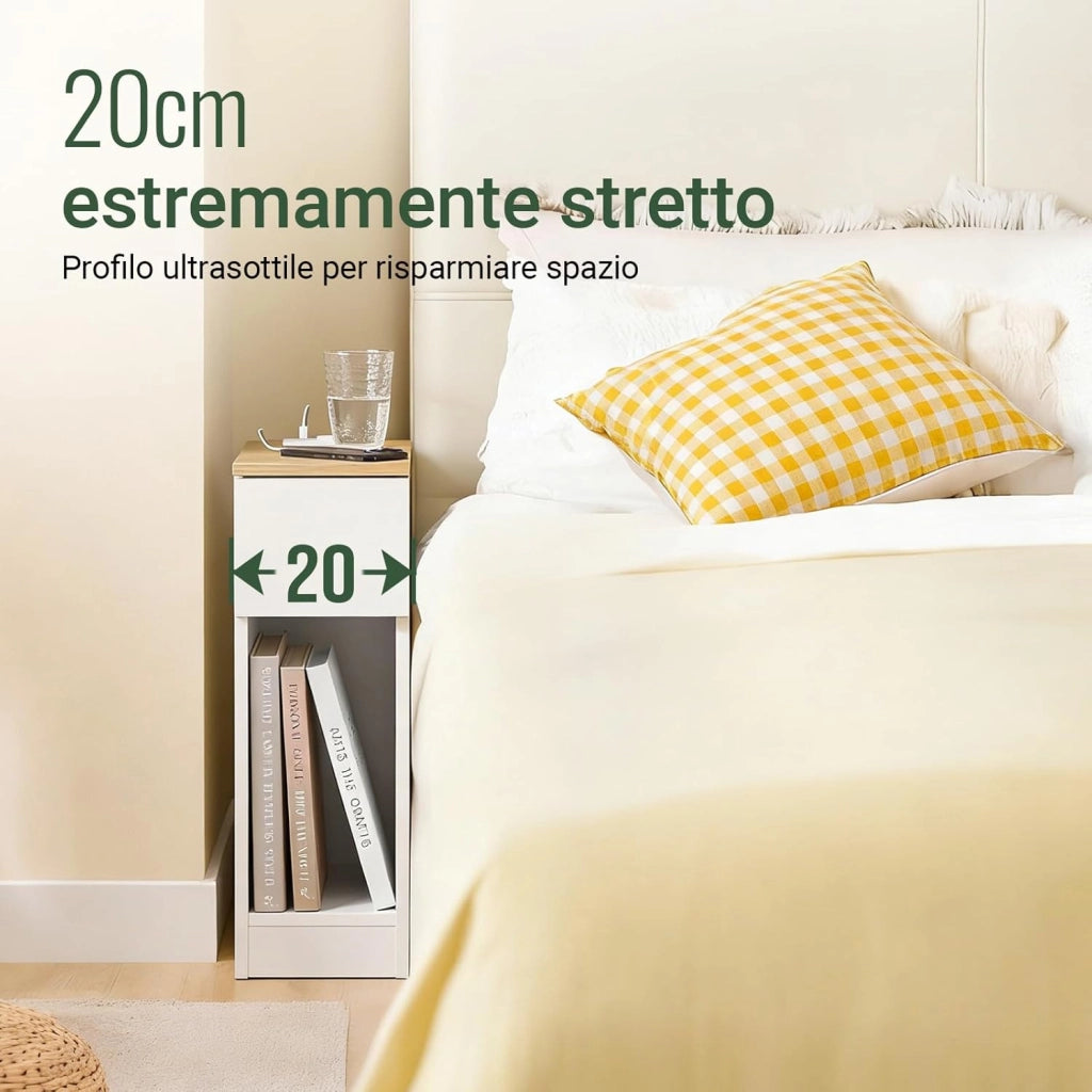 Set da 2 comodini camera da letto stretti con ricarica USB & Type-C, tavolino da letto con incavo battiscopa, mobile salvaspazio per piccoli ambienti, bianco 20x35x60 cm FBT111-E-WNx2