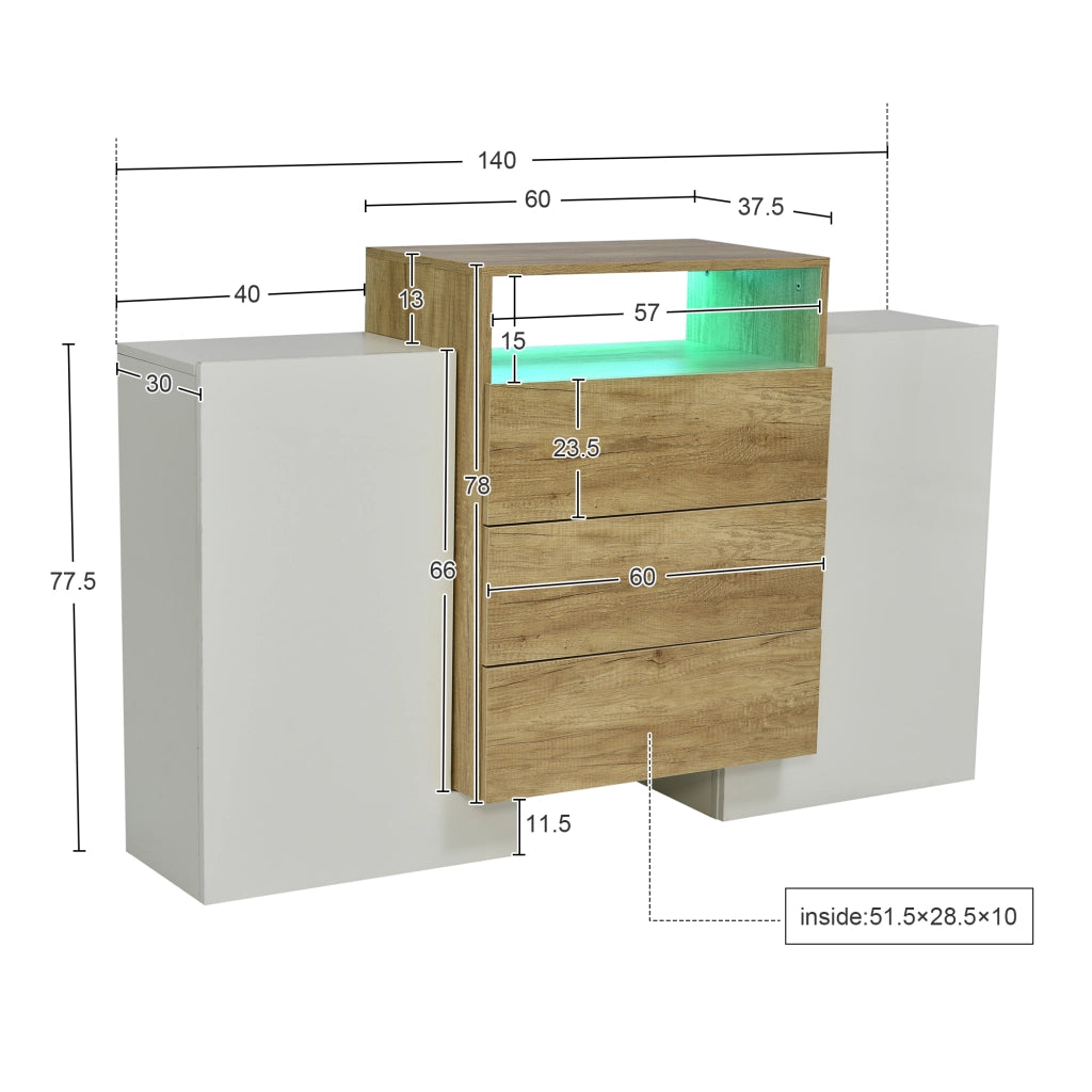 OKWISH Credenza Contenitore con 2 Ante 3 Cassetti 2 Ripiani e 1 Vano, LED, per Soggiorno, MDF, 140 x 30 x 77.5 cm
