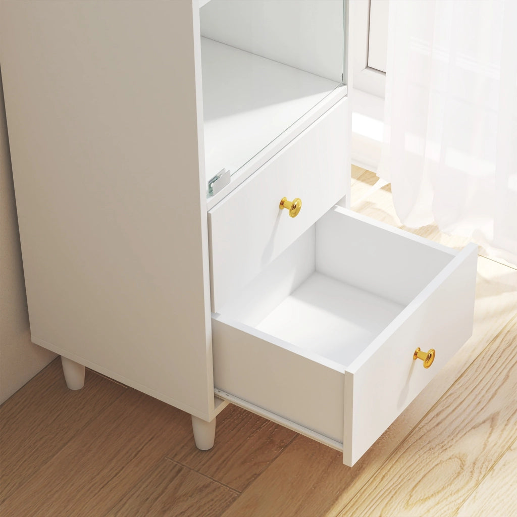 Vetrina moderna con illuminazione LED, ante in vetro, 2 cassetti, bianca, H165 x L40 x P35 cm