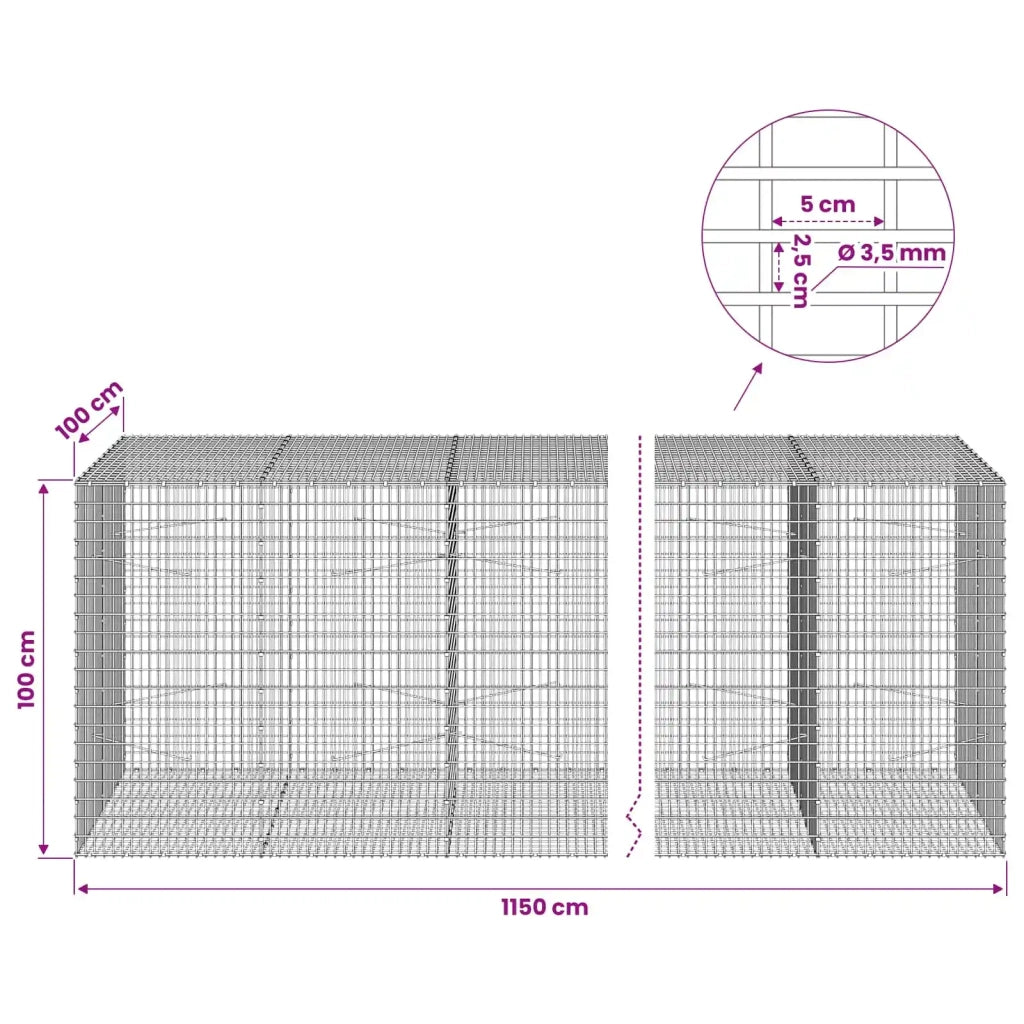 Gabione con filo da 3,5 mm e rete da 5x2,5 cm 1150x100x100 cm 3461969