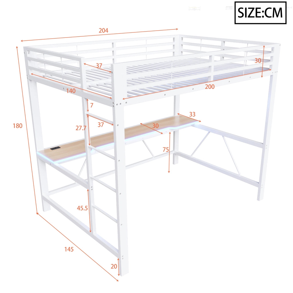 Letto a Soppalco 140x200 cm; con Scrivania e LED - in MDF e Metallo - Bianco