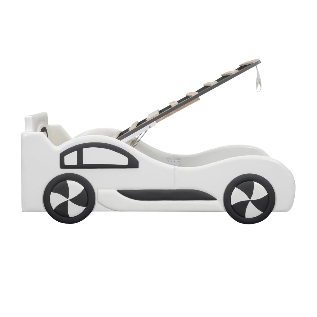 Letto per bambini a forma di auto 90 x 200 cm con rete a doghe e vano contenitore; bianco