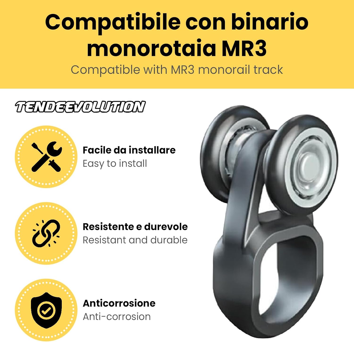 Carrello in Nylon a 2 Cuscinetti MR3 in Acciaio Zincato per Binario Monorotaia MR3 - Ruote Ø24mm - Asola in Nylon - Resistente e Durevole