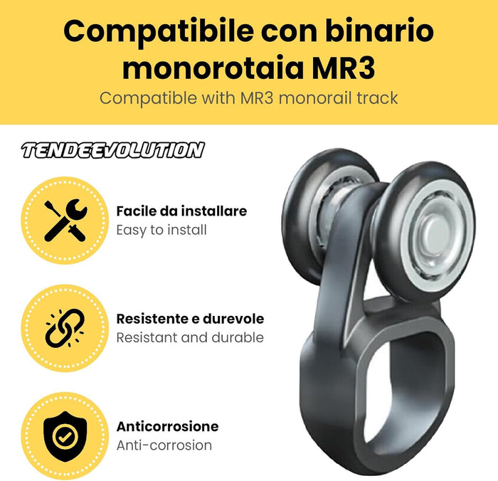 Carrello in Nylon a 2 Cuscinetti MR3 in Acciaio Zincato per Binario Monorotaia MR3 - Ruote Ø24mm - Asola in Nylon - Resistente e Durevole
