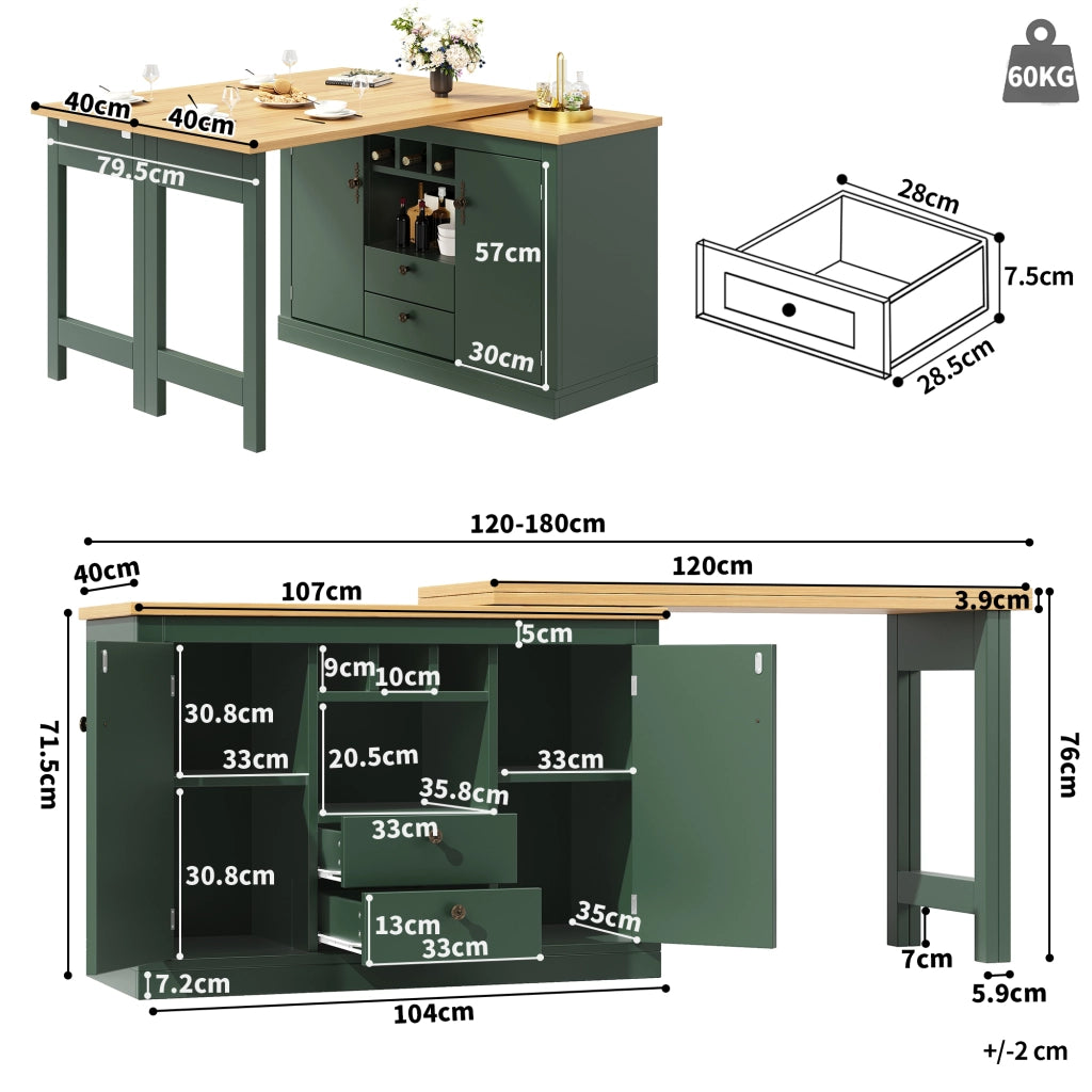 Tavolo da bar estensibile 360¡ã - Zephmum- Regolabile 120-180cm, verde scuro