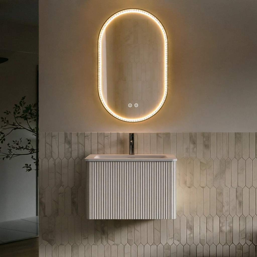 Mobile bagno con specchio LED; lavabo integrato e 1 cassetto; sospeso con antiappannamento; per bagno; bianco