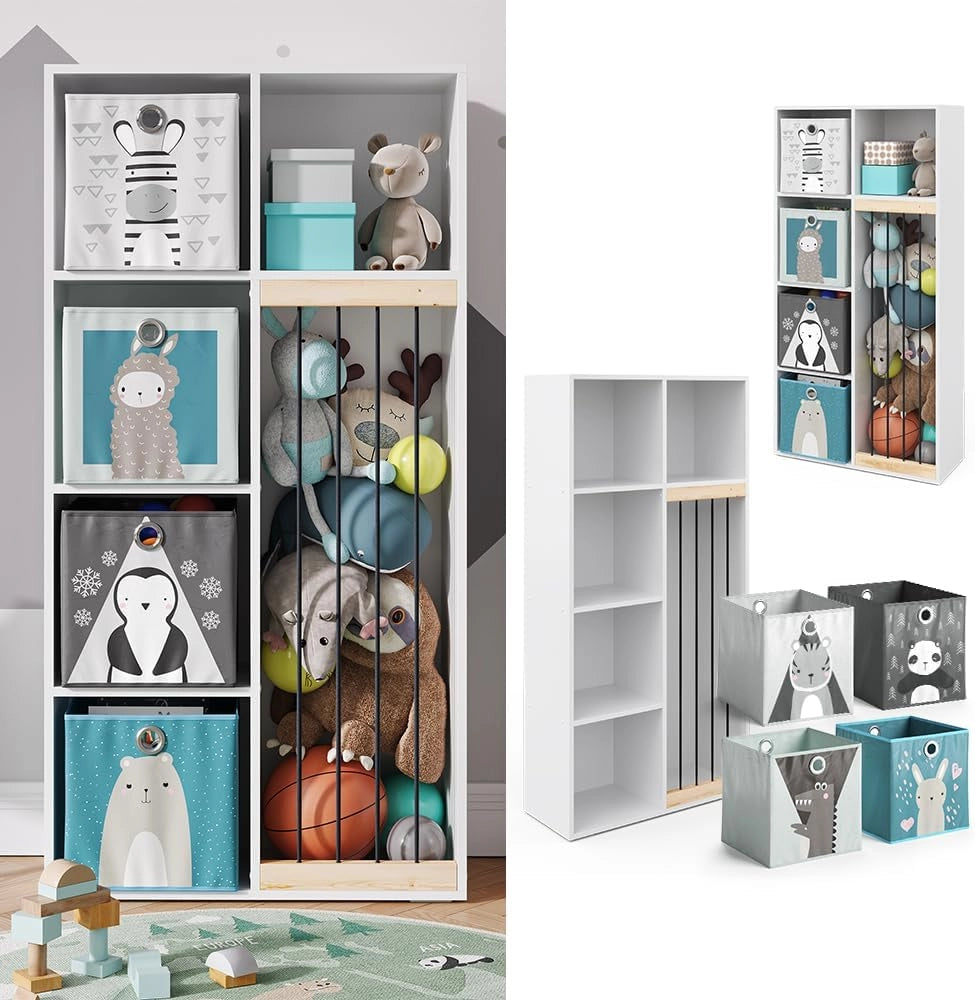 Libreria bambini Marvin, Bianco, 72 x 143 cm con 4 scatole pieghevoli opt.2, adatto per riporre giocattoli e libri