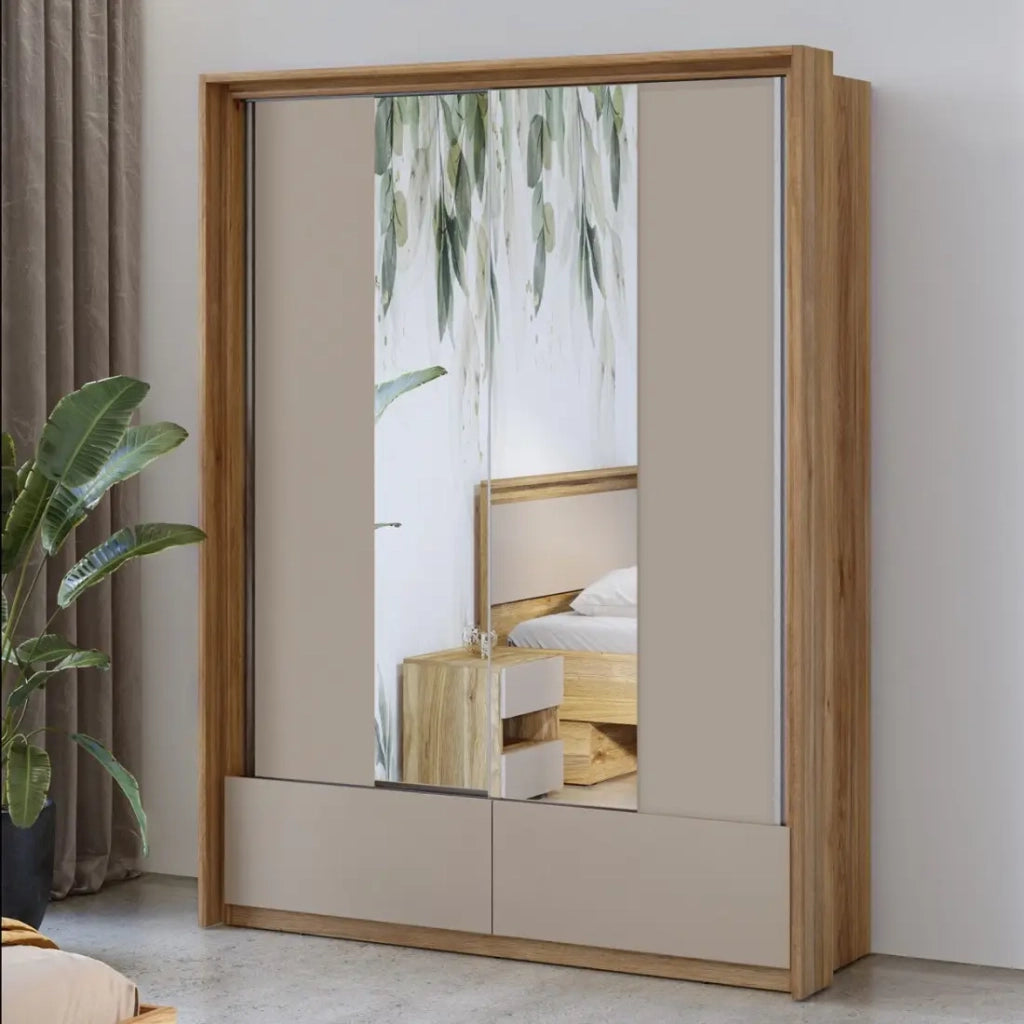Armadio a 2 porte con specchi, 2 cassetti, appendiabiti e 5 ripiani color rovere e beige.