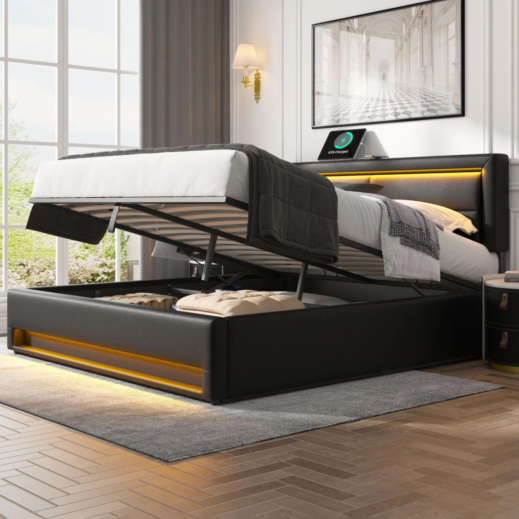 Letto imbottito 140x190 cm con USB; LED e vano contenitore; PU nero